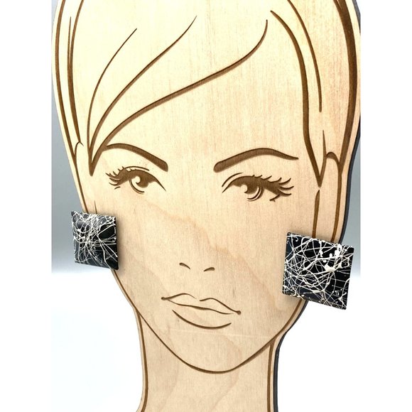 Retro Black and White Splatter Earrings, Vintage Artistic 80s Square Studs - Picture 4 of 5